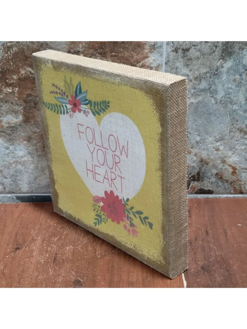 Follow Your Heart Rustic Burlap Canvas Wall Art Floral Heart Love Sign 12 x 12